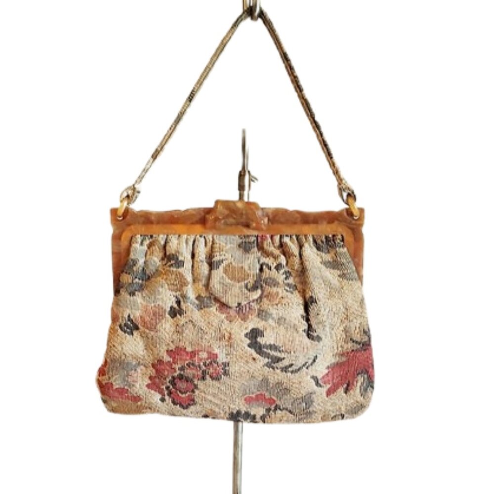 1930s Vintage Floral Tapestry Fabric Tote Style Handbag With Early Plastic Frame